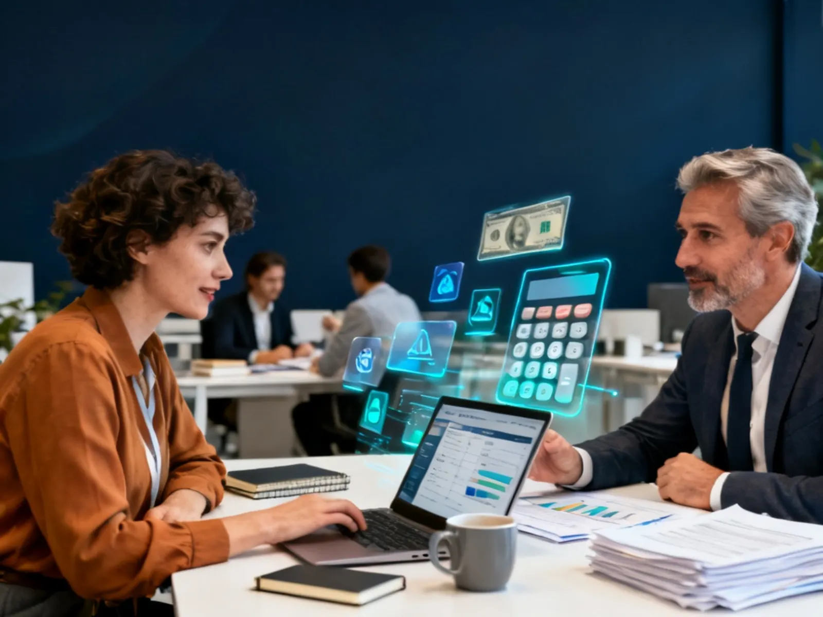 Asesor de nómina revisando cálculos y dispersión con un cliente en RJ Staffing Solutions