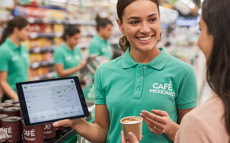 Promotora de campo con tablet atendiendo punto de venta retail para RJ Staffing Solutions